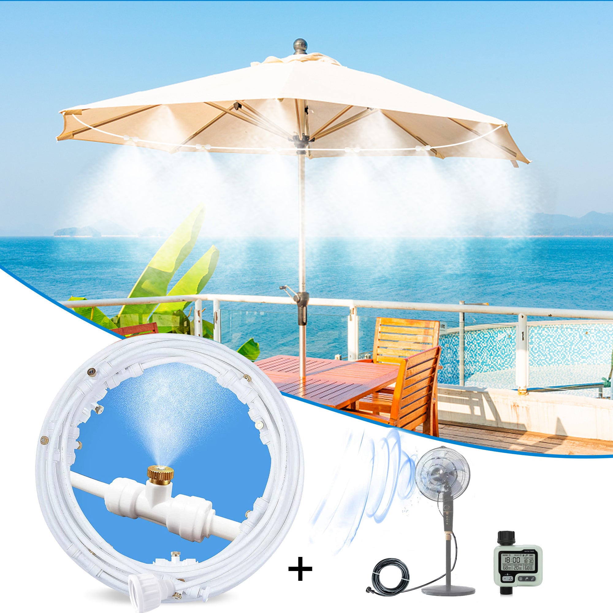 Outdoor Misting Kit for a Cool Patio 80FT with 24 Nozzles/,Mist Expansion Kit(35Ft Outdoor Misting Fan Kit with 10Nozzles + Hose Timer)