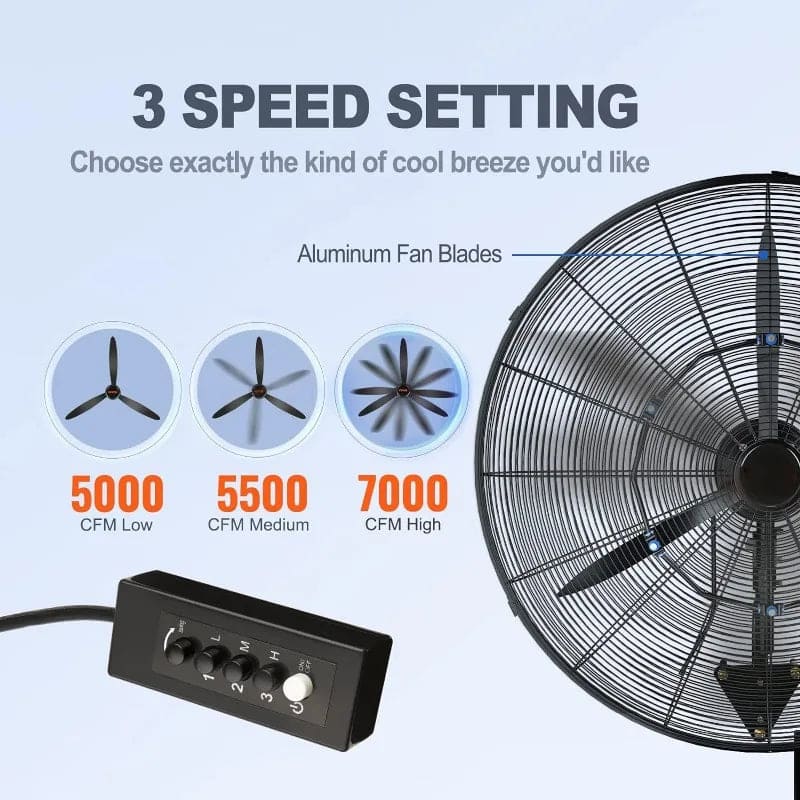 24 Inch 3-Speed 7000 CFM Black Waterproof Wall Mount Oscillating Fan
