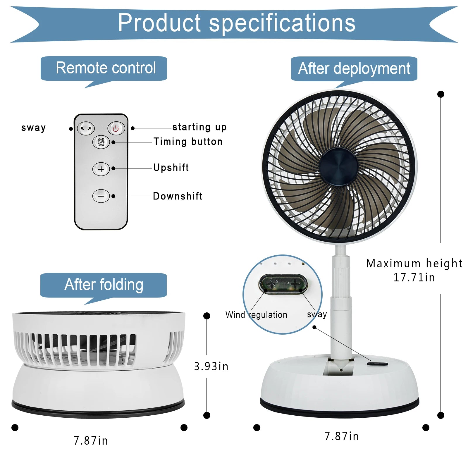 Outdoor Mist Fans for Outside Patios  Retractable Fan 7-inch USB Charging Folding  +Remote Control