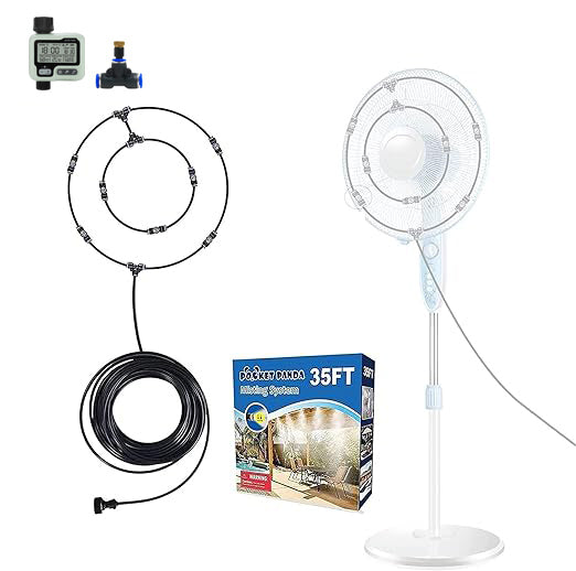 Mister System for Cooling Outdoor. 35FT Misting Hose + 10pcs  Mist Nozzles & Tees+Hose Timer