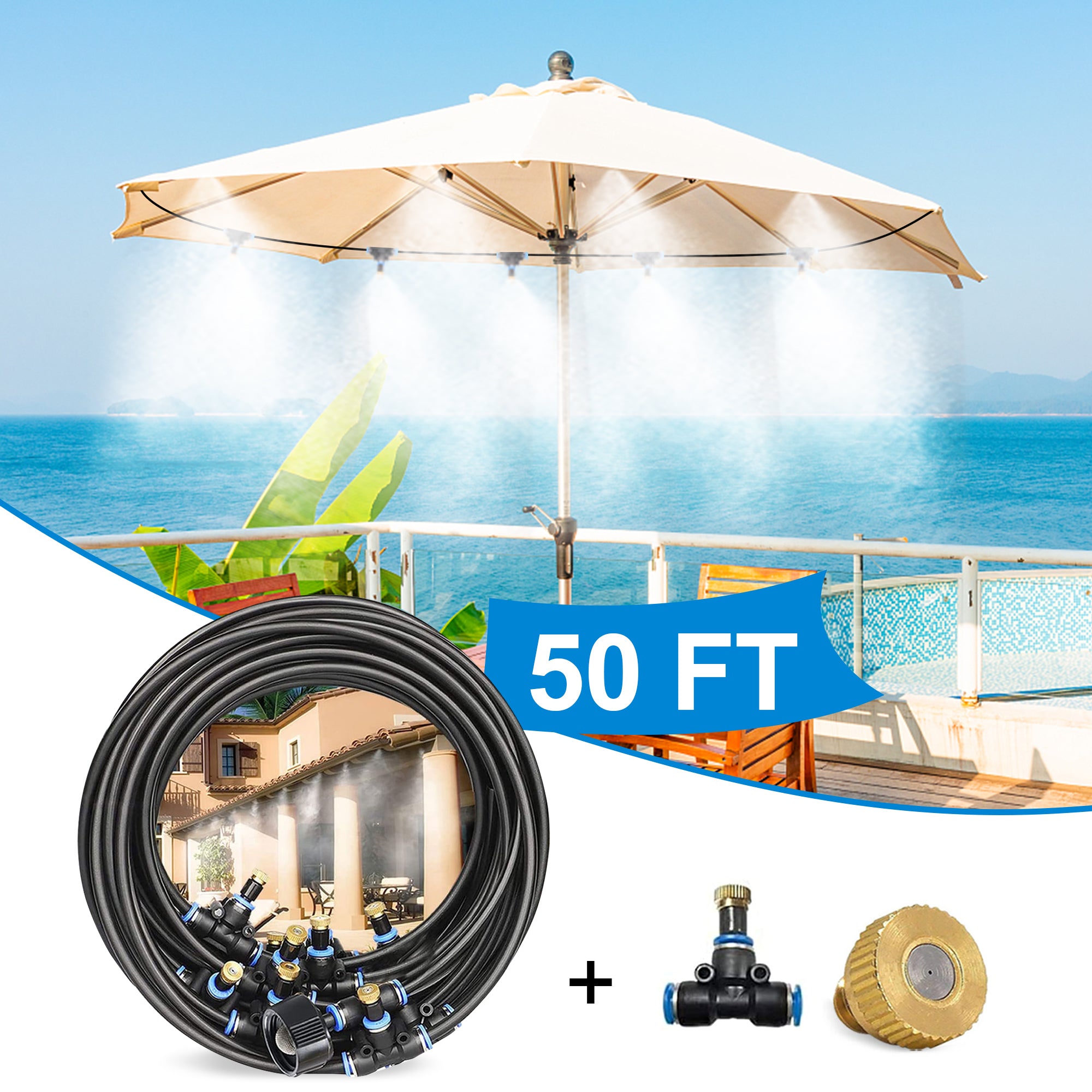 Outdoor Water Misting Cooling System,50FT|15M +10 Pcs Mister Nozzles+Tees for 1/4'' Hose
