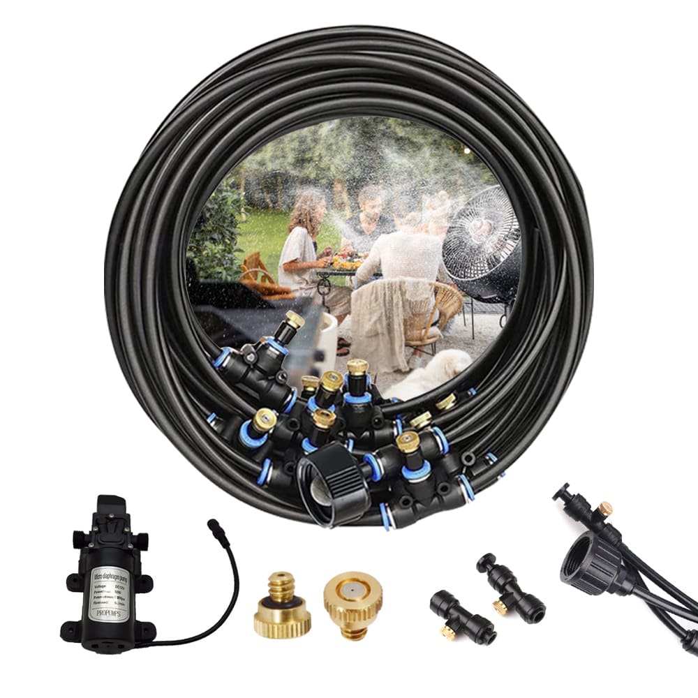 12M Fan Misting Kit With Pump  For Patio Garden Backyard with 16pcs 0.016"Nozzles+12V Diaphragm Pump