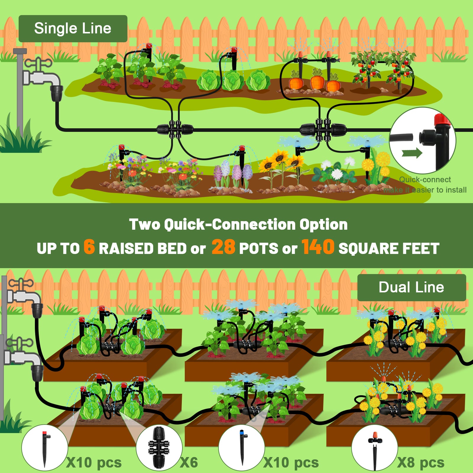 Drip Irrigation Kit for Garden, Quick-Connect Raised Bed Watering System with 1/2" & 1/4" 150FT, Plant Accessories, Drip Line Kit for Greenhouse, Sistema De Riego Por Goteo