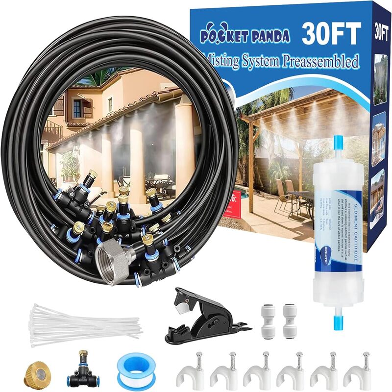 Pre-assembled Outdoor Misting Cooling System With Filter,30FT+9 Nozzles