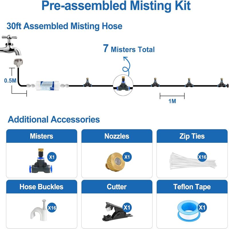 Pre-assembled Outdoor Misting Cooling System With Filter,30FT+9 Nozzles