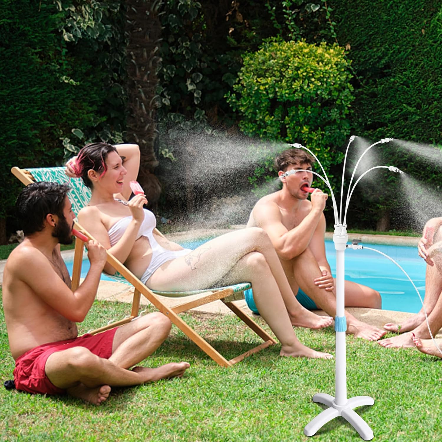 Misters for Outside Patio, Standing Misting Cooling System, Portable Outdoor Water Mist Hose Kit, Adjustable 45.7in Height & 5 Spray Nozzles for Backyard Garden Pool Tanning BBQ Cool Kids Pet Playing