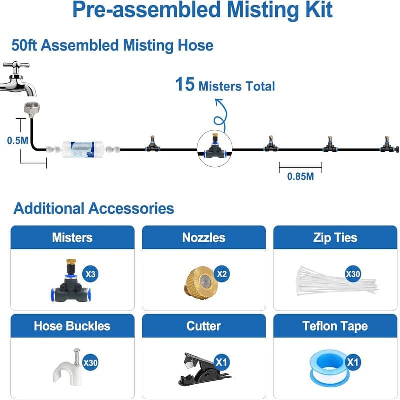 Pre-assembled  50FT|15M,Outdoor Misting Cooling System With Filter for Patio, BBQ Party