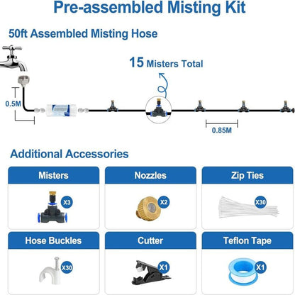 Pre-assembled  50FT|15M,Outdoor Misting Cooling System With Filter for Patio, BBQ Party