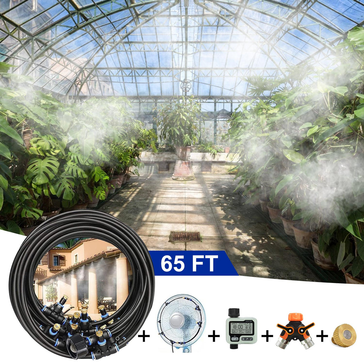 indoor plant misting system Greenhouse Mister With Fan+Splitter+Timer 25-35Quare Meters