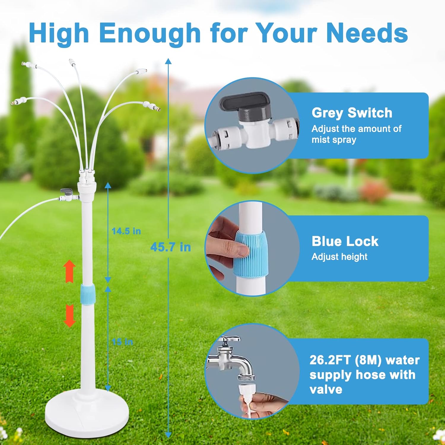 Misters for Outside Patio, Standing Misting Cooling System, Portable Outdoor Water Mist Hose Kit, Adjustable 45.7in Height & 5 Spray Nozzles for Backyard Garden Pool Tanning BBQ Cool Kids Pet Playing