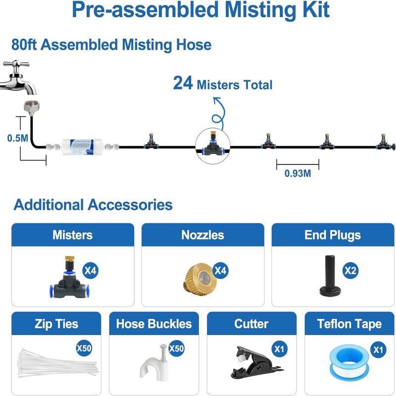 Pre-assembled Outdoor Misting Cooling System With Filter,80FT+24 Nozzles