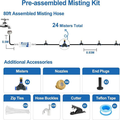 Pre-assembled Outdoor Misting Cooling System With Filter,80FT+24 Nozzles