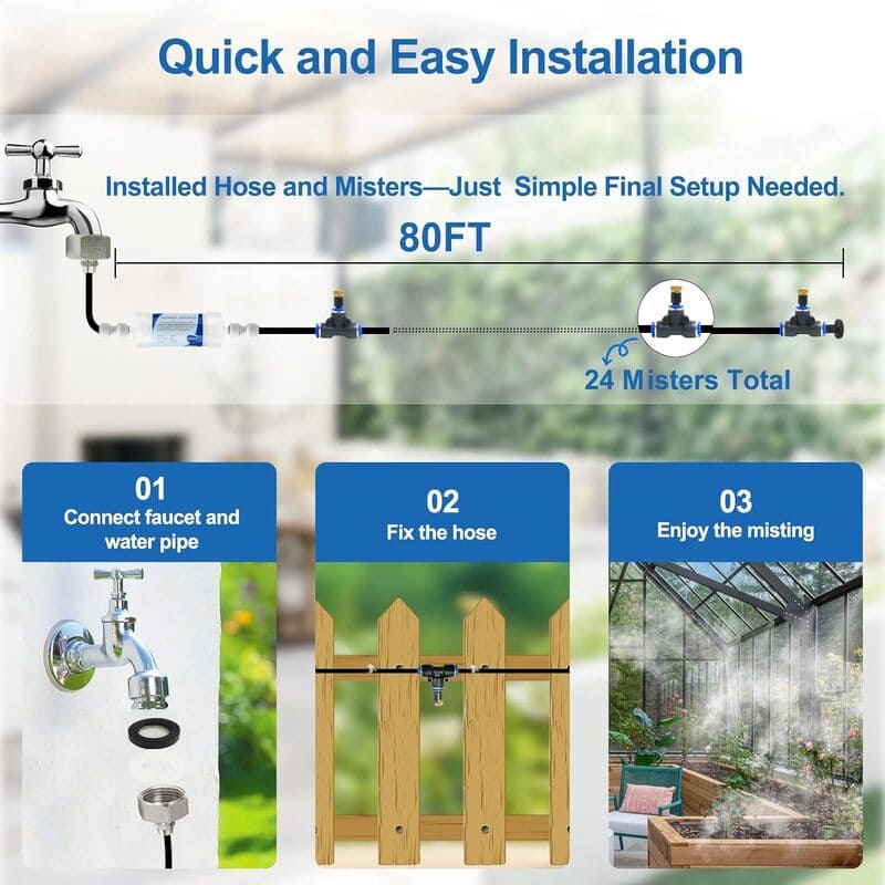 Pre-assembled Outdoor Misting Cooling System With Filter,80FT+24 Nozzles