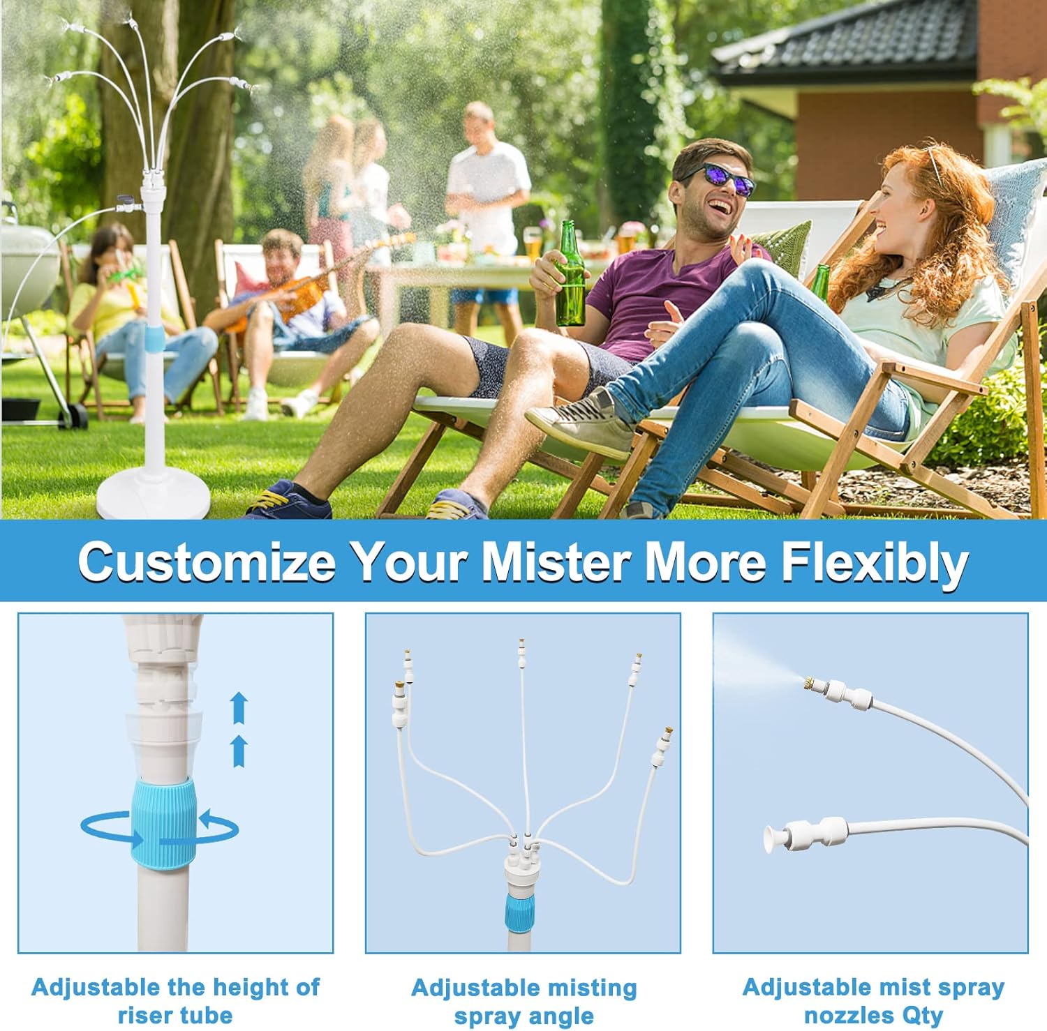 Misters for Outside Patio, Standing Misting Cooling System, Portable Outdoor Water Mist Hose Kit, Adjustable 45.7in Height & 5 Spray Nozzles for Backyard Garden Pool Tanning BBQ Cool Kids Pet Playing