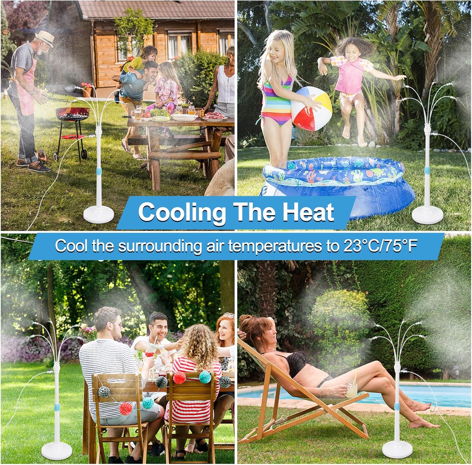 Misters for Outside Patio, Standing Misting Cooling System, Portable Outdoor Water Mist Hose Kit, Adjustable 45.7in Height & 5 Spray Nozzles for Backyard Garden Pool Tanning BBQ Cool Kids Pet Playing