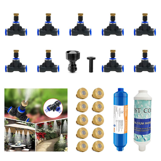 Misting System Accessories Kit 10 Tees + 20 Nozzles + Garden Hose Filter + Faucet Adapter