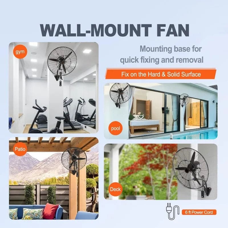 24 Inch 3-Speed 7000 CFM Black Waterproof Wall Mount Oscillating Fan