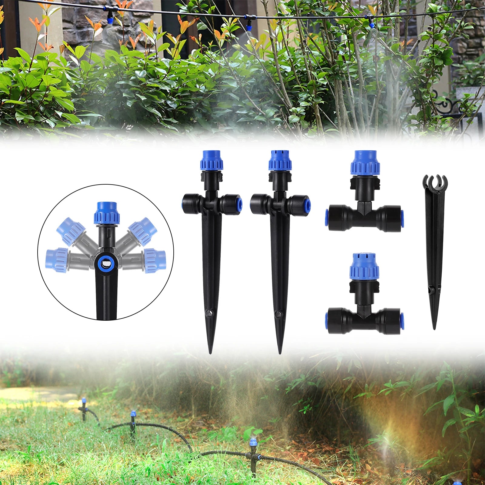 Adjustable Mist Nozzle Watering Irrigation Sprinkler 1/4" 8-Hole Dripper   4/7mm Hose Holder