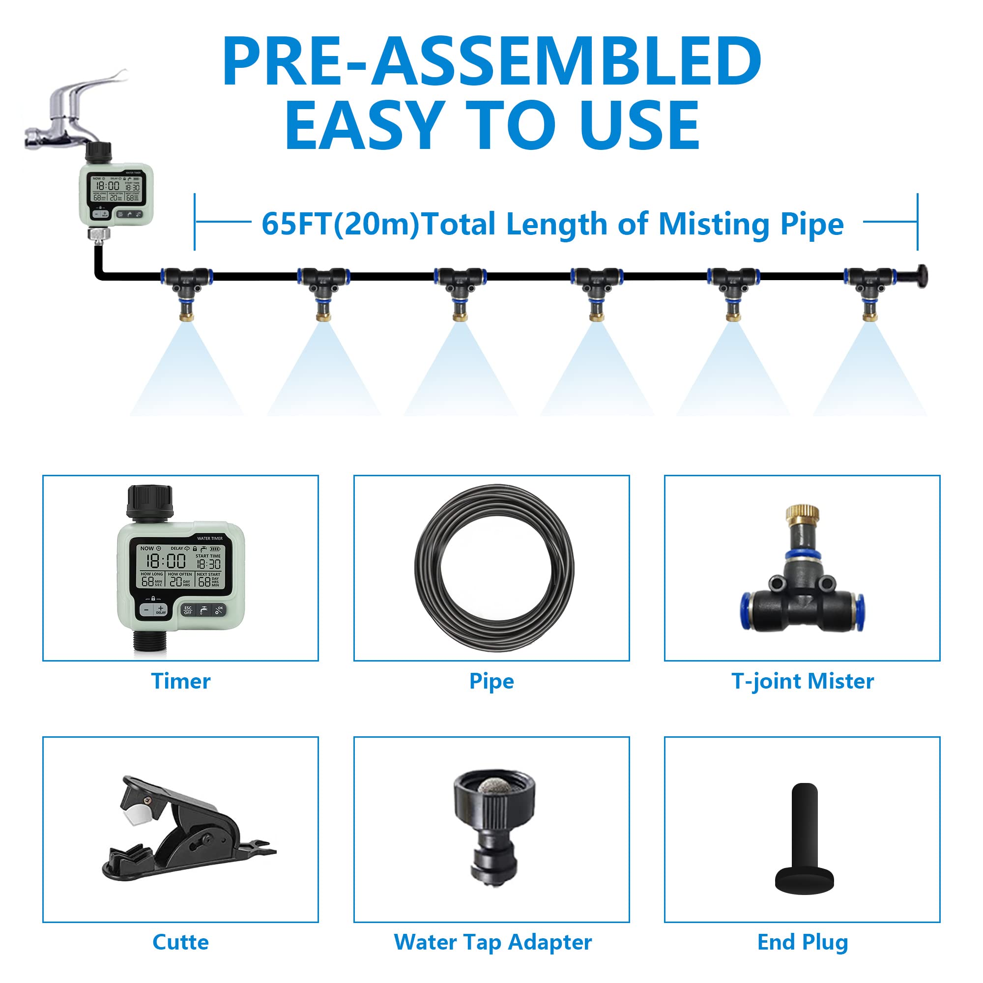 Misting Cooling System 65Ft + Water Timer